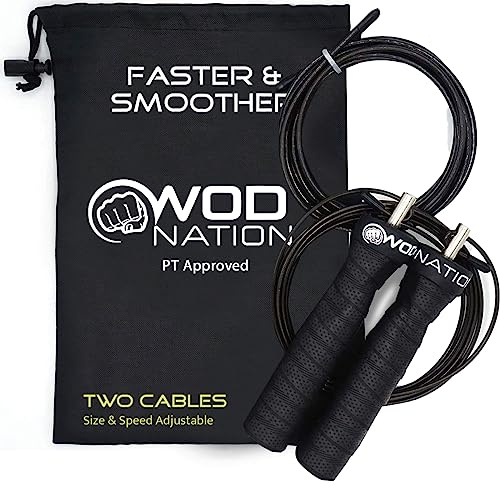 WOD Nation Jump Rope - Black Alloy Steel Handles - 11 ft, 2.2 mm & 3.3 mm Cables - Weighted & Speed Cable System for Fitness Skipping Rope Men & Women