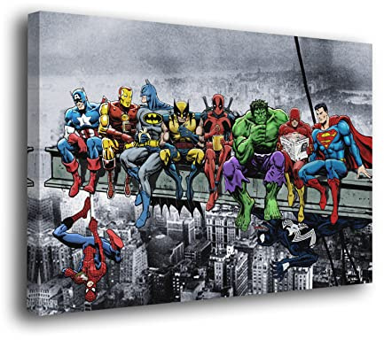 Genérico Cuadro Lienzo Canvas Super Heroes Desayuno en la viga de Manhattan Nueva York – Varias Medidas - Lienzo de Tela Bastidor Madera de 3 cm - Alta resolucion (90, 62)