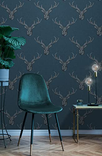 Wallpaper Empire Nina Hancock Designer Geometric Stag Blue Linen Wallpaper