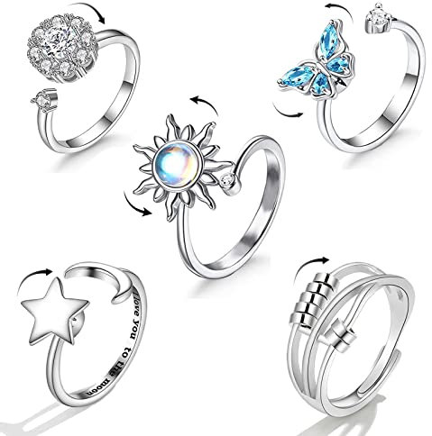 Hifot Anxiety Spinner Ring Set Mit Kristall - Verstellbar Anti Stress Ringe in Silber - Sterne, Mond, Sonne, Schmetterling für MäDchen Herren Geburtstags-Party-Geschenke