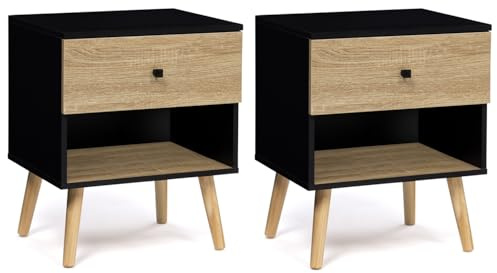 IDMarket - Lot de 2 Tables de Chevet Emmie scandinaves 1 tiroir avec Niche Noir et hêtre