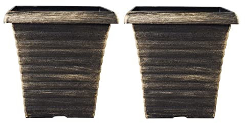 Stylist Biscotti Decorative Square Garden Patio Planter finished in a Brushed Bronze & Black or Silver Paint Effect 23cm Lightweight Flower Pots with Pre-Drilled Drainage Holes (Bronze x2)