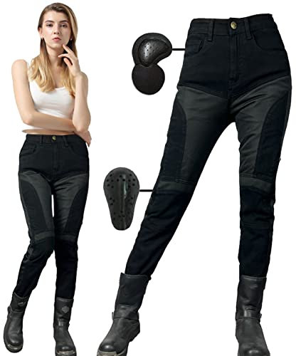 Pantalon moto Mujer con Equipo de Protección - Pantalón Cargo Vaquero para Verano, Elástico para Motocross y Moto con 4 Juegos de Almohadillas Protectoras (Upgrade-Armor,XXXL)