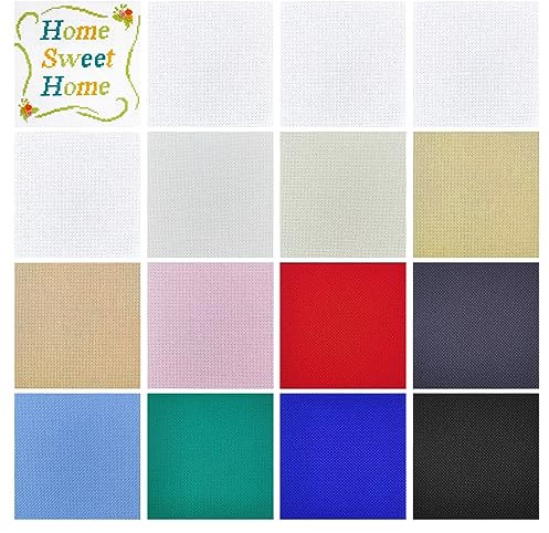 Realure 16 Stk Kreuzstich Stoff Klein mit 12 Farben, Aida Stoff zum Sticken, Stickstoff zum Sticken Weiß, Stramin zum Sticken 14 Count, für Kunst, Bilder, Muster DIY Näharbeit, 15×15cm