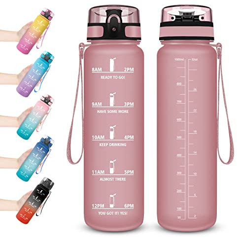 Vikaster Trinkflasche 1L, Tritan Wasserflasche Sport BPA Frei, Wasserflasche 1L Zeitmarkierung und Filter, Sport Trinkflasche Kohlensäure Geeignet, für kinder, Sport, Fahrrad, Camping, Outdoor