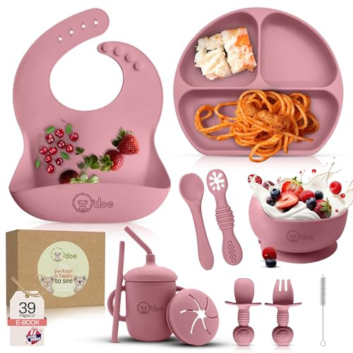 O'doe 11-Piece Baby Led Weaning Feeding Supplies for Toddlers, Baby Feeding Set | Suction Silicone Baby Bowl Self Eating Utensils Set with Spoons, Bibs, Toddlers Spoon Set, Food Plate Kit | Rose V1