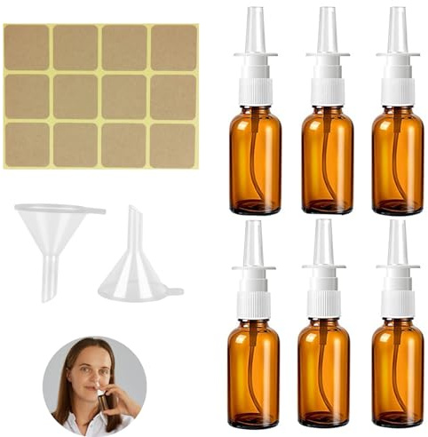 Basetousual 6 nässprayflaska tom, sprayflaska 30 ml, ingen flaska, fin sprejdimma, spridare, liten, tom nässpray med fin spraydimma, tratt och etiketter