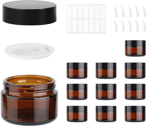 MirraSwit 10 Pieza Marrón Tarros Cosmeticos 30ml, Recipientes de Vidrio Marrón, Tarros de Crema, con Pegatinas, Raspar la cuchara para Cosméticos, Cremas, Lociones, Aceites Esenciales