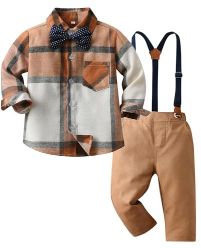 Kunyeah ragazzo Gentleman Plaid abiti bambino Camicia a maniche lunghe con papillon bretelle pantaloni vestito bambino per 1-6 anni (Marrone, 1-2 anni)