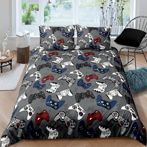 Tabeskly Boy Kids Gaming Gamepad Gamer Soft Zipper Bed Bedding Duvet Cover Set Single Blue Red White Black Gray 135×200cm