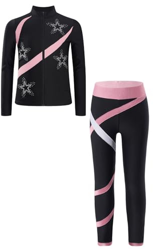 Manyakai Ensemble de Sport Enfant Fille Veste de Patinage Artistique et Pantalons Patinage Sur Glace Gymnastique 5-16 Ans Rose 7-8 ans