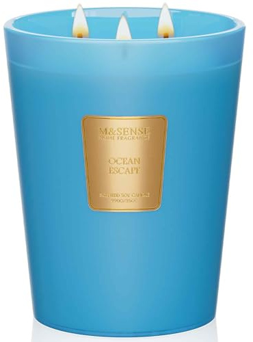 M&SENSE Doftljus i glas, stort ocean havssalt rumsdoft, naturligt sojavax, 3 veckars doft, ren förbränning, 150 timmars lång brinntid, sommar doftljus, vackert ljus, gåva för män | 150 H långsam brännskada, giftfri, stor burk, kustnära lugn sommarbadkar stressavlastande doft, avslappnande hemdoft