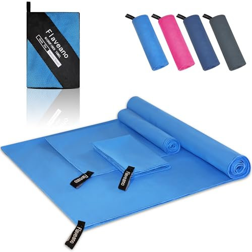 Flaveano Microfibre Towel, Travel Towel Set of 3 (180x90cm, 80x40cm, 50x30cm), Quick Drying for Camping, Swimming, Beach, Gym And Sports (70.9”x35.4”, 31.5”x15.8”, 19.7”x11.8”) - Blue