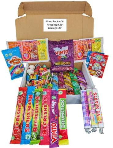 Retro Sweet Box (77 Items) - 1125g A Nostalgic Candy Extravaganza with Refreshers, Fizzers, Love Hearts, Parma Violets, Millions Sweets, Millions Vimto Bag and More!