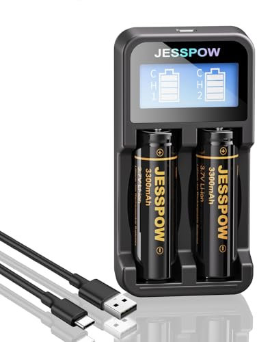 3.7 Volt Pilas 18650 Recargables con Cargador, 3300mAh Top Plana Li-Ion Recargable Batería Adecuado para Linternas, Cámaras, Ventiladores Pequeños (Paquete de 2)