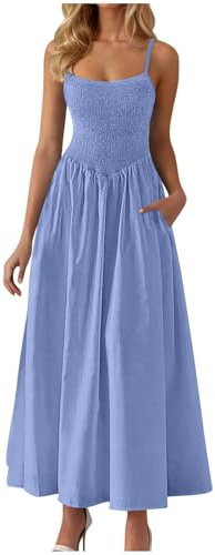 Zeiayuas Shirred Dress for Women UK Sale Clearance Square Neck Strappy Summer Dresses Elegant Spaghetti Strap Plain Maxi Dress Bohemian Beach Holiday Vacation Flowy Long Dresses with Pockets