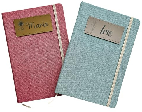 Genérico IDEAS CAÓTICAS | Libreta A5 personalizada con nombre. Tapas de algodón reciclado. Grabamos el nombre en una placa de acrílico espejo. Puedes elegir el diseño entre 5 flores diferentes.