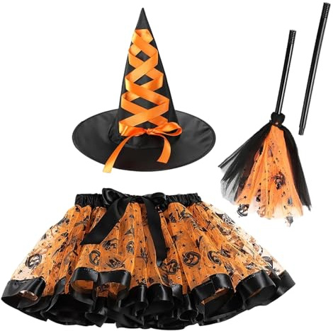 GLEEMEN Deguisement Sorciere Enfant, 3 Pièces Deguisement Sorcière Fille, Déguisement Halloween Enfant Costume Carnaval, avec Tutu et Chapeau Sorcière Balai, pour Rave Festival Cosplay Fête (A)