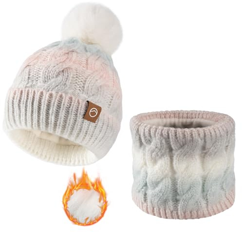 Bodvera Womens Winter Beanie Hat Scarf Set,Thermal Fleece Lined Women Beanie with Pom Warm Knitted Neck Scarf Cold Weather