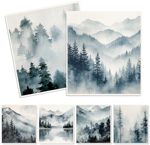 Whaline 6Pcs Dusty Blue Forest Swedish Dishcloths Cotton Kitchen Towels Reusable Absorbent Mountain Forest Dish Towels for Home Party Housewarming Cleaning, 7 x 8 Inch