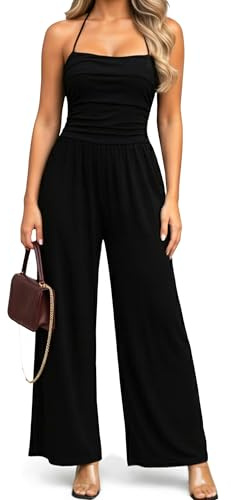 Naveent Overol Casual de Verano para Mujer Mono Mujer Largo sin Mangas Tirantes Delgados Elegante Pantalones Largos de Pierna Ancha Salir Negro, L