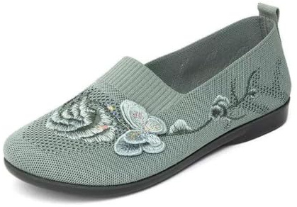 HAJHI Middle-Aged Elderly Tai Chi Shoes Embroidery Traditional Karate Shoes Breathable Old Beijing Kung Fu Shoes Non-Slip Slip-on for Square Dancing(Green,8UK)