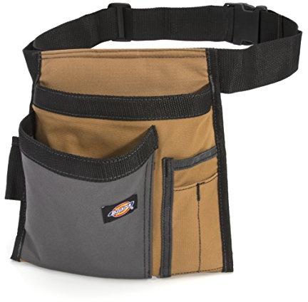 Dickies 5-Pocket Single Side Tool Belt Pouch/Work Apron for Carpenters and Builders, Durable Canvas Construction, Adjustable Belt for Custom Fit, Grey/Tan