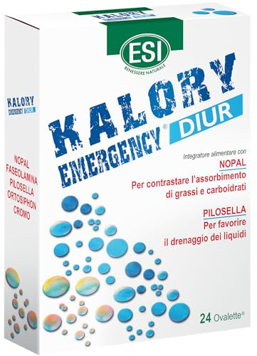 ESI - Kalory Emergency Diur, Integratore Alimentare Con Nopal E Pilosella, Favorisce Il Drenaggio Dei Liquidi E Contrasta L'Assorbimento Di Grassi E Carboidrati, Senza Glutine, 24 Ovalette