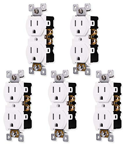 GE Grounding Duplex 5 Pack, in Wall Receptacle, Tamper Resistant, 3 Prong Socket, Easy Install, 15 Amp, UL Listed, White, 41869