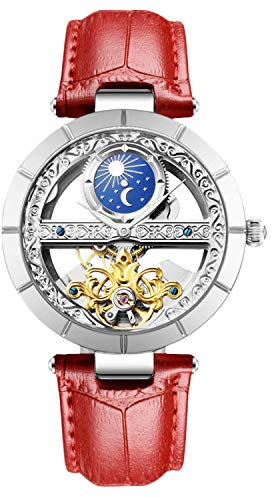 RORIOS Damen-Armbanduhr, mechanisch, automatisch, Armband aus echtem Leder, automatische Uhrenbeweger, Rot B, Riemen
