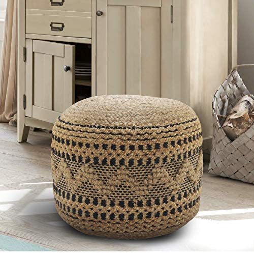 LR Home Tan/Black Round Ottoman Pouf for Home Decor | Striped Hand-Woven Jute Cotton Blend Round Pouf Ottoman Foot Rest for Bedroom & Living Room Decor | 18 X 18W X 14H