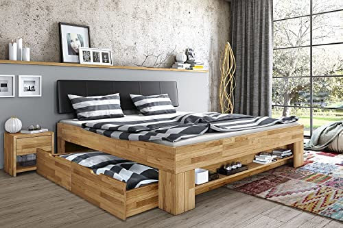 Möbel-Store24 Bett Futonbett Wildeiche massiv Holz geölt Kopteil gepolstert Sabina 140 x 200 cm Schlafzimmer K Sab-140