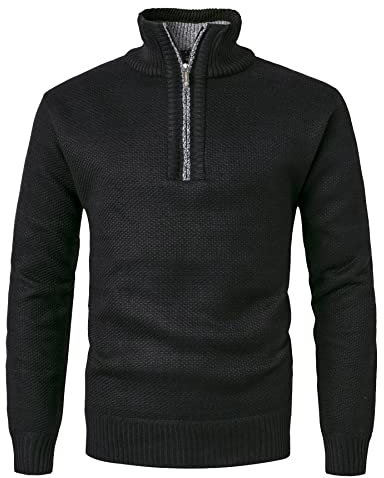 KTWOLEN Herren Pullover Fleece Gefüttert Langarm Strickpullover mit Stehkragen Winterpullover Fleecepullover Feinstrick Sweat Sweatshirt Pullover mit Reißverschluss, Schwarz, M