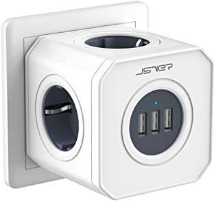 JSVER Cube Multiprise Murale,Prise Multiple USB 7 en 1 Bloc Multiprise 4 Prise USB Secteur avec 3 Ports USB Chargeur(15,5W) pour la Maison Le Bureau Les Voyages Compatible avec Phone, Portable-Blanc