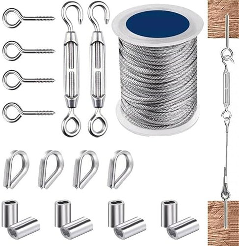 Drahtseil 1 Set 15 m 2 mm Drahtseil-Kabelhaken-Aufhängeset, flexibles Wäscheleinen-Set aus Edelstahl mit PVC-Beschichtung