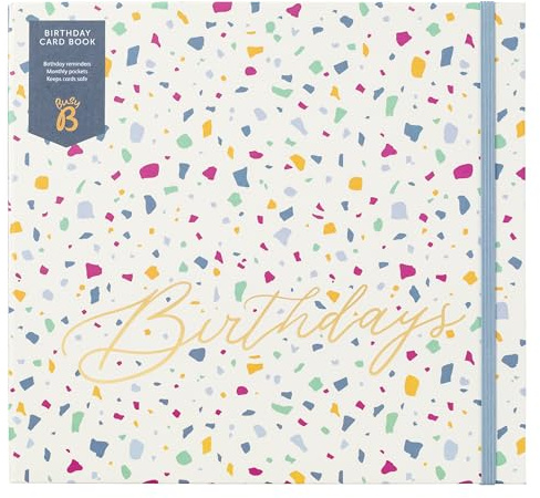 Busy B Terrazzo Birthday Card Book - 13 Storage Pocket File for Storing Greetings Cards with Birthday & Anniversary Reminders, Monthly Pockets & Anniversary Chart - FSC Certified - Measures 21 x 23cm