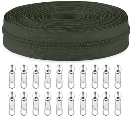 Sawoake #3 Nylon Coil Zippers by The Yard Bulk 10 Yards with 20pcs Zipper Sliders for DIY Sewing Tailor Craft Bag Garment Home Textile…(DarkGreen)