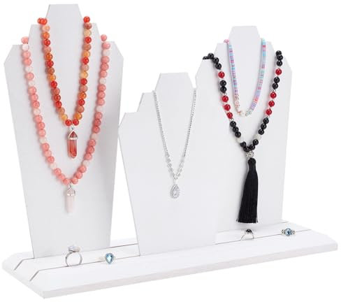 PH PandaHall Espositore per Collane In Legno, Organizzatore Porta Gioielli con 3 Portaoggetti per Collane Busto Cavalletto Espositore per Gioielli Mostrare Casa Vendita Primavera Estate, Bianco