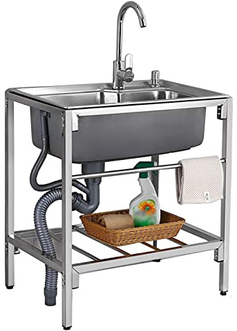304 Stainless Steel Stand Alone Sink, Commercial Sink Single Bowl with 360°Hot and Cold Faucet Easy To Clean Home Sink for Outdoor Indoor Laundry
