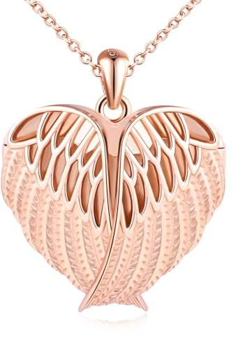 MicLee Collana Ciondoli Cuore di Foto da Donna in Argento 925 Pendenti Medaglioni con Foto Creativo Collane di Ala - Piuma Ciondolo Apribile Oro rosa