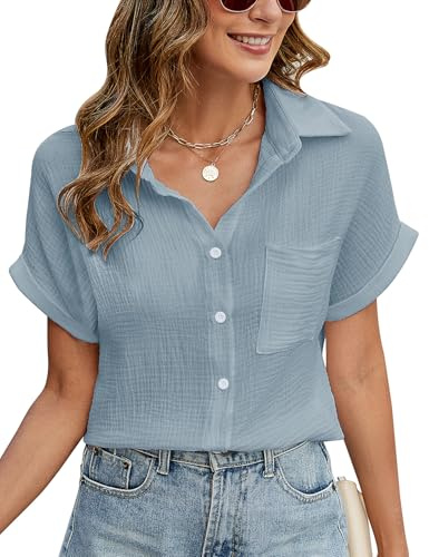 PASUDA Camicia Donna Estiva Camicetta Manica Corta da Donna Casual Cotone Elegante Blusa con Scollo a V Maglietta con Bottoni Moda Tinta Unita Tunica Classico Top T Shirt (Blu, S)