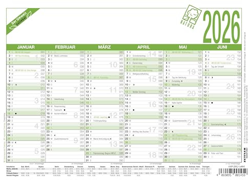 Zettler Arbeitstagekalender A5 Blauer Engel 2026 – Bürokalender 21 × 15 cm, 6 Monate pro Seite, Arbeitstage-, Tages- & Wochenzähler, Ferienübersicht, Feiertage, Mondphasen, Recyclingkarton, nachhaltig