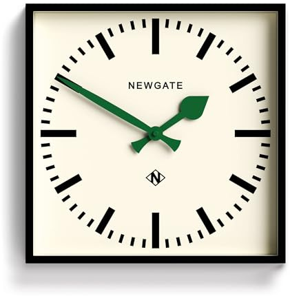 NEWGATE® Number Five wall Clock | Square Retro Inspired Modern Station Clock | 16 inch | Black with Green Hands | Mid-Century Style for Kitchen, Living Room or Office
