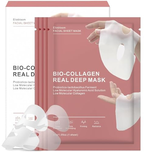 Elixbloom Bio-Collagen Face Mask, Real Deep Hydrating Collagen Overnight Mask, Face Masks Skincare, Facial Sheet Masks for Skin care, Pore Minimizing, Firming, and Moisturizing.