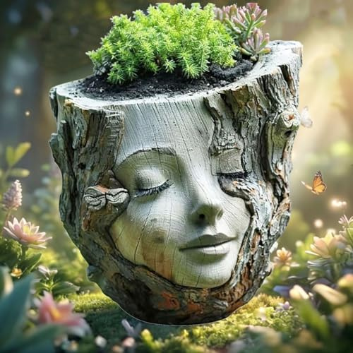 Xzyden Resin Sculptures, Flower Pot, Enchanting Tree Stump Fairy Resin Sculptures,Garden Pot Decor, Sculpture Statue for Indoor/Outdoor Garden Plants Pots,13x13x12.5cm