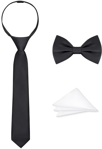 Amazingkitty 3-Piece Black Boys Tie Set, Pre-Tied Bow Tie, Necktie with Adjustable Zipper, Pocket Square, For Wedding, Graduation, Prom, Concert & Special Events 14.96 Soild Color