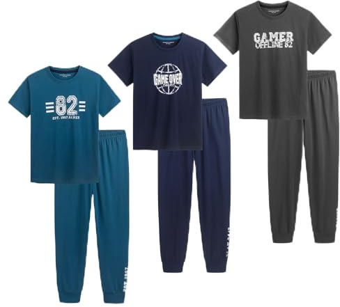 The Essentials Wardrobe 3PK Boys SS Long Pyjamas- Game Over- 10-11 Yrs