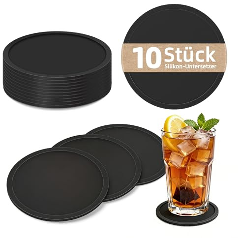 HELIMIAO Coasters Set of 10 Non-Stick Drink Coasters for Wooden Table Protection, Silicone Round Coaster Set for Coffee Table, Decorative Home Accessories for Bar & Kitchen, Black