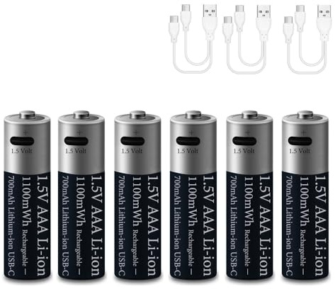 6 Piezas 1,5V AAA 1100mWh Litio Pilas Recargables, 1,5Volt Triple A Lithium 700mAh Pila para Vídeo Timbre/Juguete/Mando Distancia, 2 en 1 Tipo-C USB Carga Cable, 2 Hora Carga Rápida, 1200 Ciclos