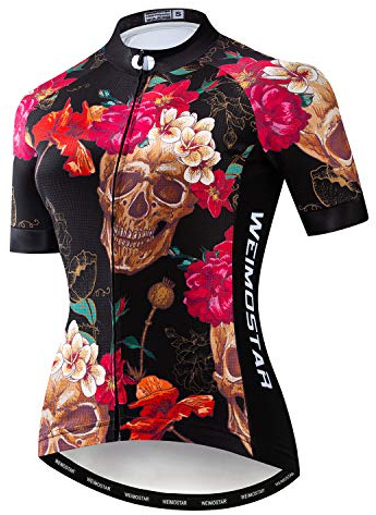 JPOJPO Womens Cycling Jersey Short Sleeve, Ladies Mountain Bike Shirts Bicycle Clothes Outfit Top for Cyclist Biking Cycle Riding Dirt Road BMX MTB Running Workout Sports, Flower Skull XL